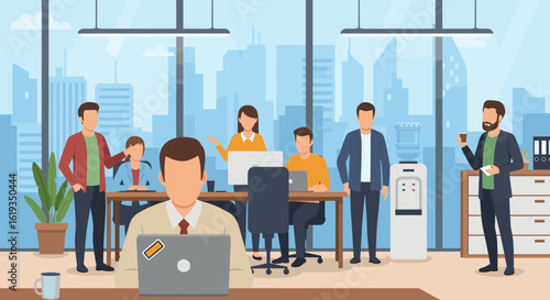 Diverse team of colleagues working together in a modern office, ideal for business presentations and website banners.