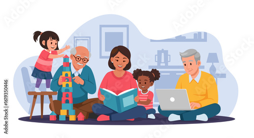 Happy multigenerational family spending quality time together at home, perfect for family, education, and technology websites or brochures.