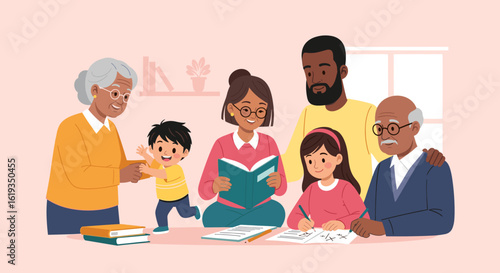 Multigenerational family studying together at home, perfect for educational websites or brochures.
