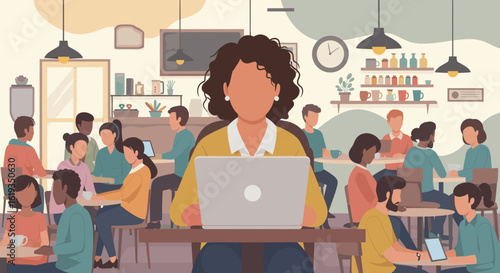 Diverse group of people working and socializing in a busy cafe, perfect for illustrating community, collaboration, or modern work life.