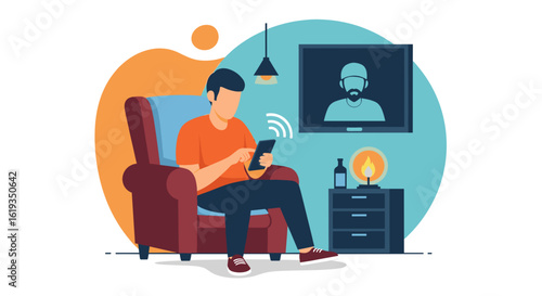 Man relaxing at home using smartphone and watching TV, perfect for website banners or social media posts.