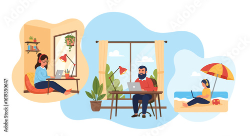 Remote Work Illustration: People working from home, office, and beach, perfect for blog posts, website banners, or presentations on flexible work.