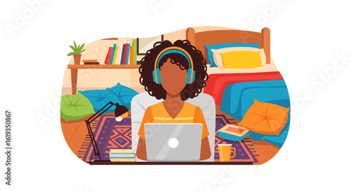 Young woman working from home on laptop, wearing headphones. Perfect for blog posts about remote work, work-life balance, or online learning.