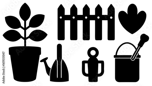 Gardening tools and plants watering can, shovel, potted plant, pruning shears, gloves, garden fence, and wheelbarrow black vector silhouette on white background
