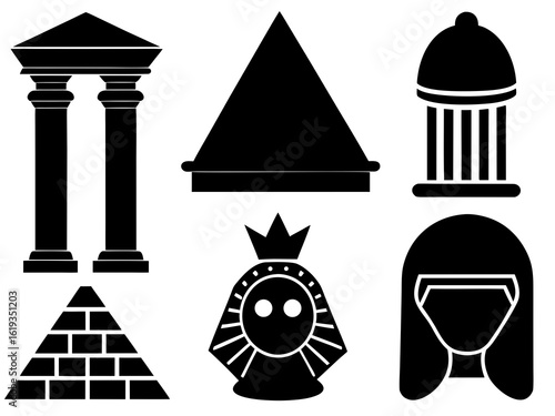 Ancient civilization icons Egyptian pyramid, Greek column, Mayan mask, Roman helmet, stone tablet, Sphinx, and obelisk black vector silhouette on white background