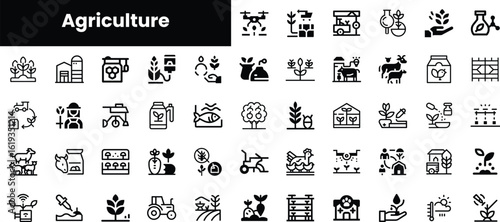 A collection of agricultural icons in black and white, showcasing various farming elements including crops, livestock, and agricultural technology.