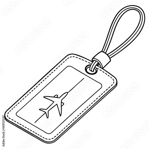 Black and white line drawing of a luggage tag with an airplane icon and a strap