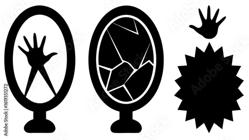 Set of silhouette cursed mirror symbols cracked glass, reverse reflection, ghostly double, hand from mirror on white background