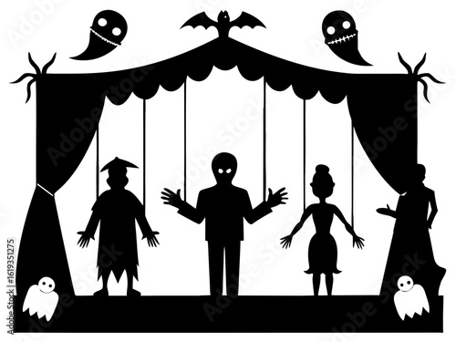Silhouettes of horror puppet theatre stitched puppets, cursed strings, bloody curtain, ghost audience black vector on white