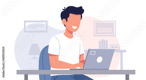 Happy man working on laptop, perfect for website banners, blogs, and articles about remote work, freelance, or online business.