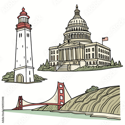 Iconic american landmarks including the us capitol building golden gate bridge and a lighthouse
