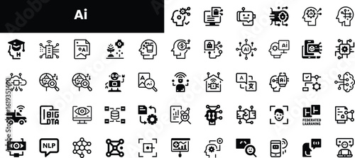 A diverse collection of black and white AI-themed icons, illustrated in a modern style, perfect for tech or educational purposes.
