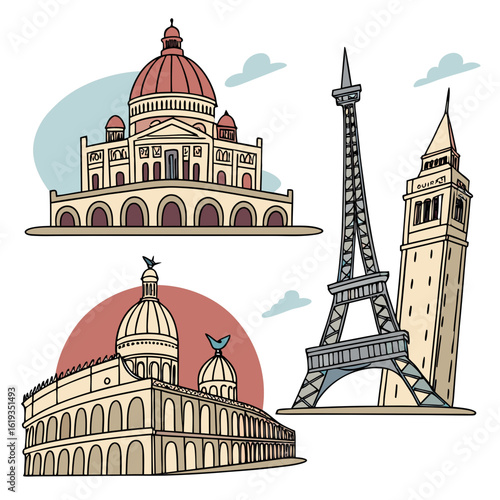 Collection of famous landmarks including eiffel tower and italian architecture in a whimsical cartoon style