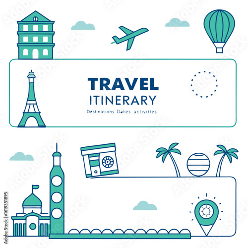 Travel itinerary template with iconic landmarks and transportation icons for planning adventures