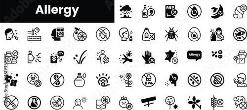 A collection of allergy-related icons, including symbols for common allergens, restrictions, and health precautions, illustrated in a clean, minimalist style.