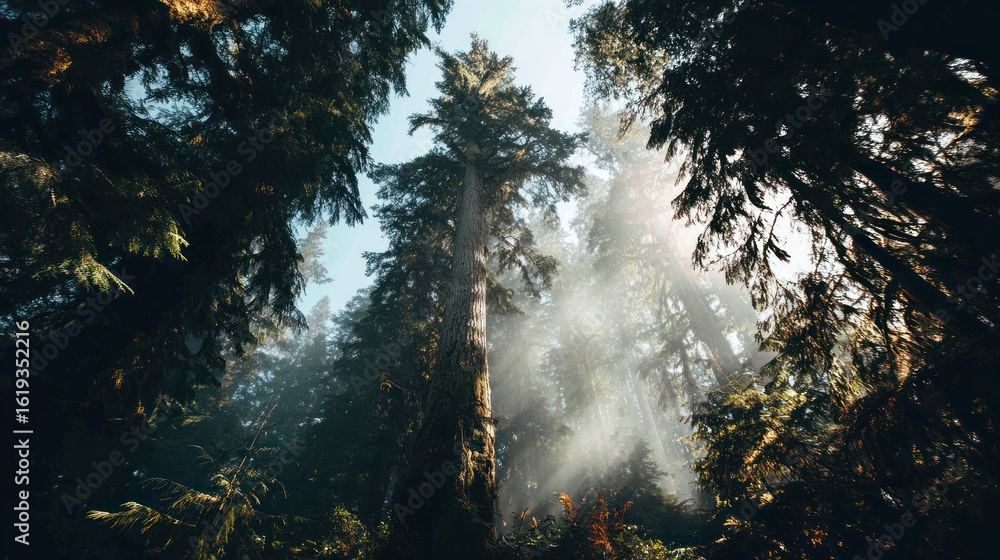 Fototapeta premium Forest interior with light filtering through trees; upward view, hazy and atmospheric