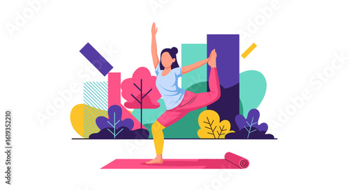 Woman practicing yoga outdoors, perfect for health and wellness websites or brochures.