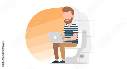 Man working on laptop while sitting on toilet -  illustration for blog, website, or social media.