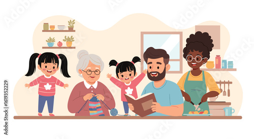 Happy multigenerational family spending quality time together in the kitchen. Perfect for family blogs, websites, or children's books.