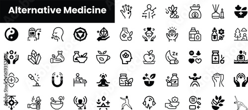 A collection of black and white icons representing alternative medicine practices, covering various themes such as healing, wellness, and natural remedies.