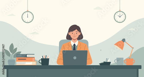 Smiling businesswoman working on laptop at her desk, perfect for website banners or business presentations.