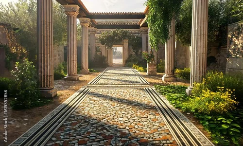 Sunlit ancient colonnaded pathway with mosaic flooring