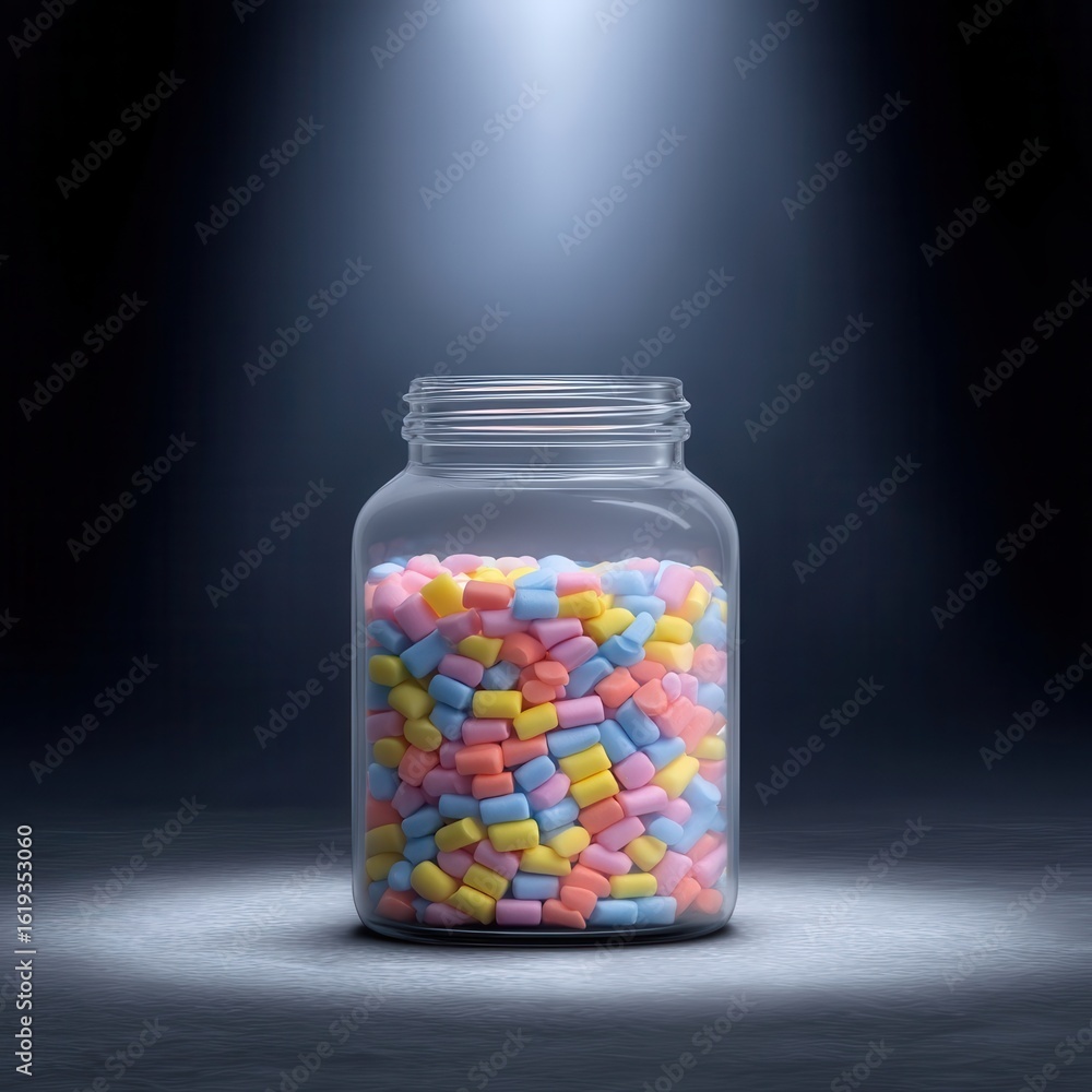 Colorful Confections: A transparent jar filled with an array of colorful candies rests beneath a spotlight, offering a visual feast of vibrant hues and enticing textures. Colorful Confections: A transparent jar filled with an array of colorful candies rests beneath a spotlight, offering a visual feast of vibrant hues and enticing textures.