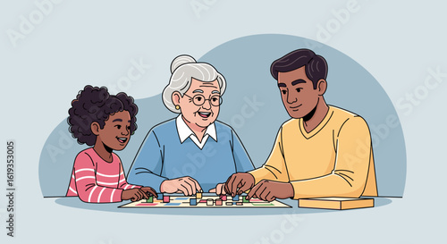 Multigenerational family playing a board game together. Perfect for illustrating family bonding, intergenerational relationships, or articles about family activities.