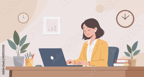 Businesswoman working on laptop in modern office, ideal for website banners or corporate brochures.