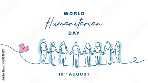 One line drawing of people holding hands for World Humanitarian Day celebration, symbolizing unity, compassion, and peace on August 19