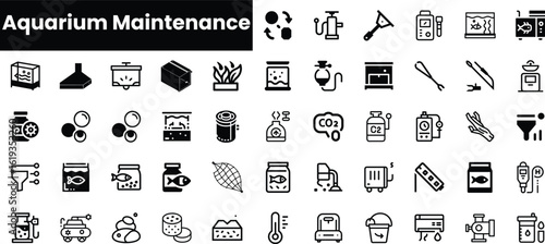 A collection of black icons representing various aquarium maintenance tools and equipment, ideal for aquatic enthusiasts. Clear and simple design elements.