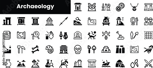 A diverse collection of archaeology-themed icons in black and white, showcasing tools, artifacts, and historical sites, ideal for educational or informational purposes.