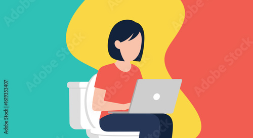 Woman working on laptop while sitting on toilet, illustration for blog post or social media.