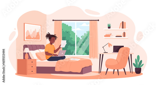 Young man working from home, on his bed, using laptop and papers. Perfect for blog posts about remote work, freelancing, or work-life balance.