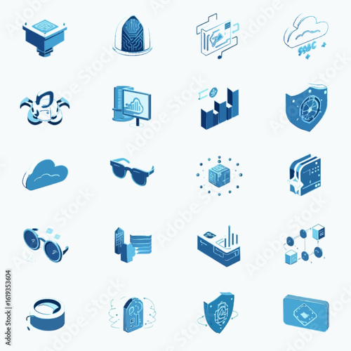 A set of modern industry-themed vector icons, covering manufacturing, logistics, machinery, production, energy, and factory technology