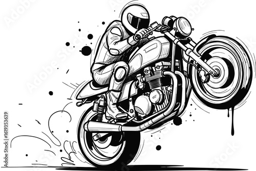 Dynamic monochrome illustration of a motorcyclist performing a wheelie on a custom bike