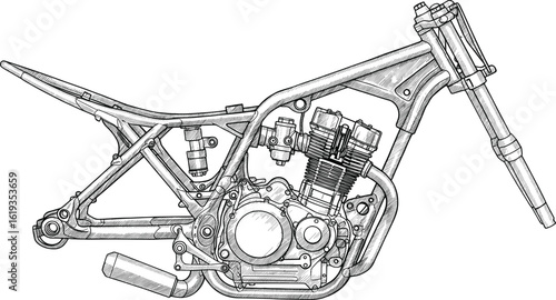 Detailed monochrome line drawing depicting a motorcycle engine and frame design