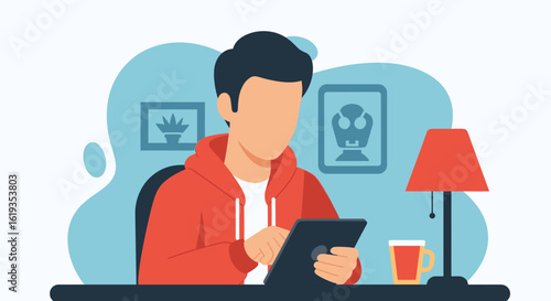 Young man working on tablet at home, perfect for blog posts about remote work or productivity.