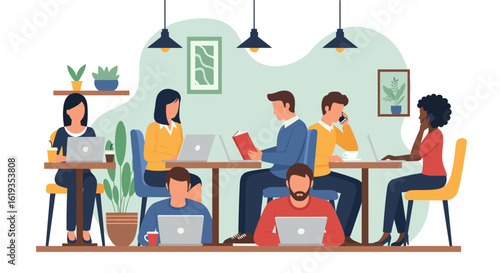 Diverse team working together in a modern co-working space, perfect for illustrating collaboration and teamwork on your website or marketing materials.