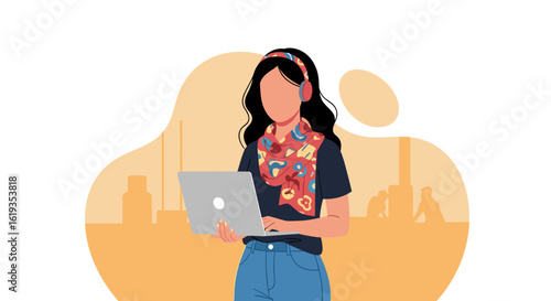 Young woman using laptop, vector illustration perfect for website banners or blog posts about remote work, technology, or lifestyle.