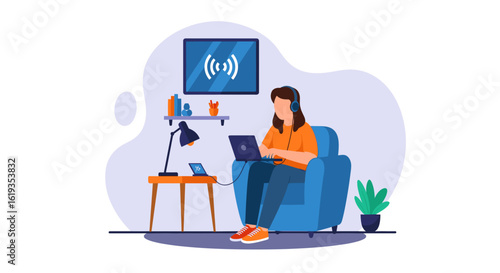 Woman working from home on laptop, wearing headphones, ideal for remote work, online learning, or telecommuting illustrations.