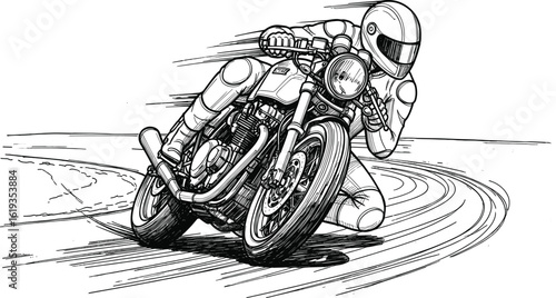 High-Speed Motorcycle Cornering Illustration in Detailed Black and White Style