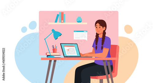 Young woman working from home on her laptop, perfect for illustrating remote work, online learning, or a blog post about productivity.