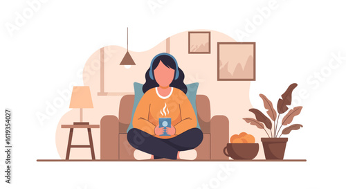 Woman relaxing at home with a warm drink and headphones, perfect for blog posts or websites about wellbeing and comfort.