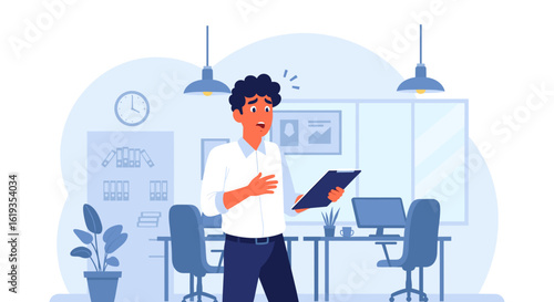 Surprised businessman reviewing documents in office. Perfect for websites, presentations, or marketing materials related to business, finance, or unexpected news.