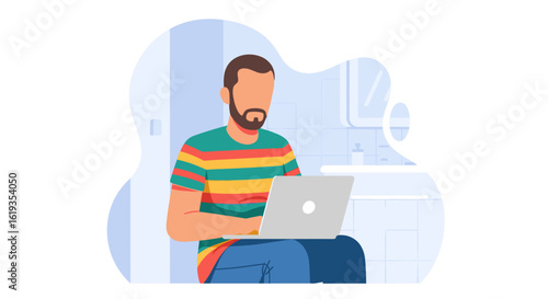Man working on laptop in bathroom, illustration for website or blog post about remote work.