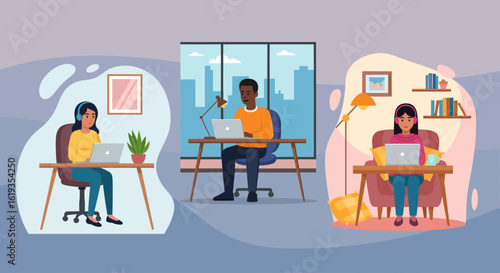 Diverse people working remotely from home, office, and cozy spaces. Ideal for illustrating work-from-home concepts, remote teams, or flexible work arrangements.