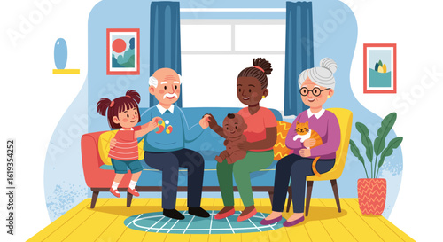 Multigenerational family enjoying time together at home, perfect for family, togetherness, and generational themes.