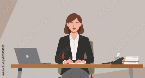 Businesswoman at her desk working, ideal for website banners or corporate brochures.
