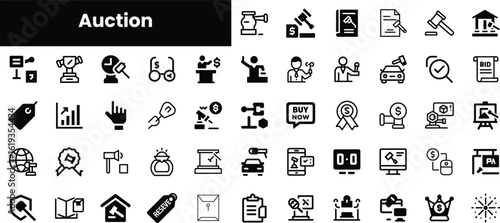 A collection of black and white auction-themed icons depicting various elements of the auction process, including gavel, bidding, trophies, and graphs.